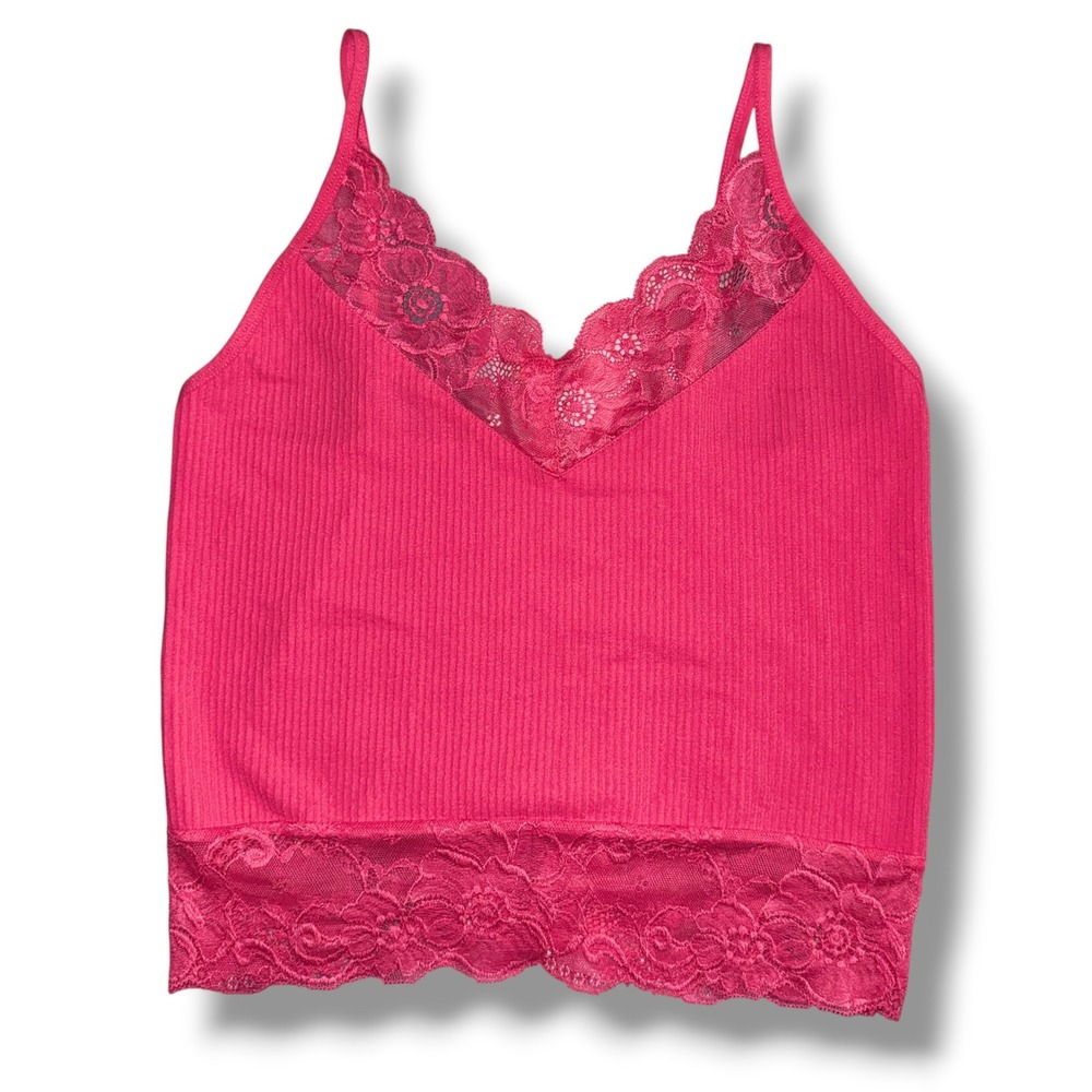 Active USA Cami Women‎ Large Hot Pink Lace Trim Ribbed Y2K T11392
